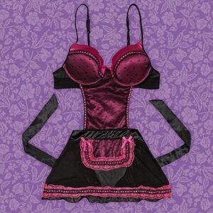 2000s Native Intimates Pink & Black Y2K Sexy Maid Lingerie Apron | Size 36B